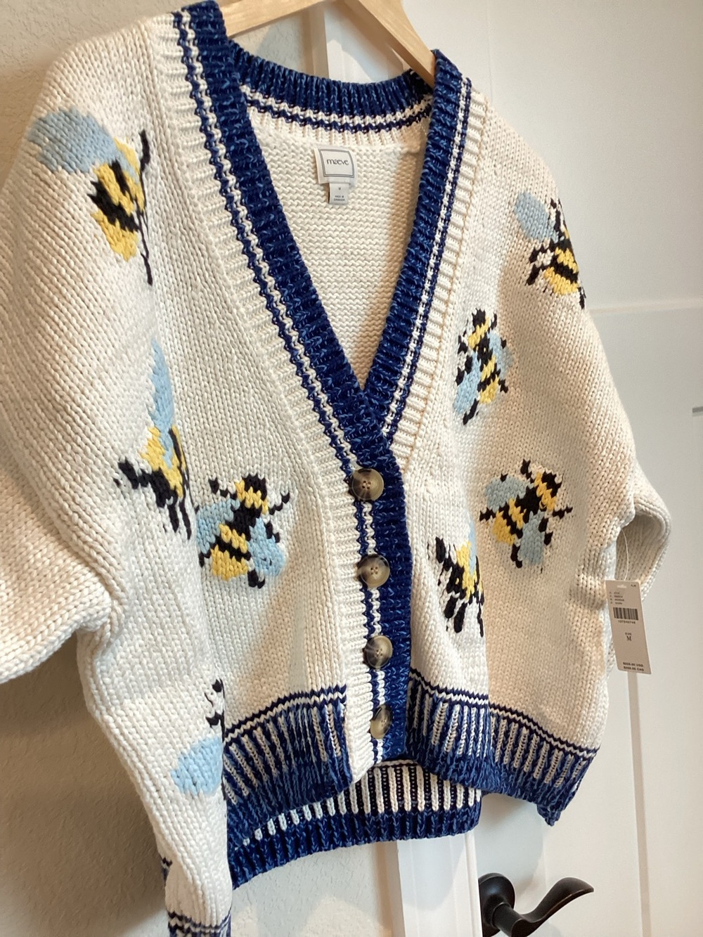 Anthropologie Bee Cardigan Sweater Maeve Icon Chunky New Medium Ivory Bumblebee - Picture 9 of 15
